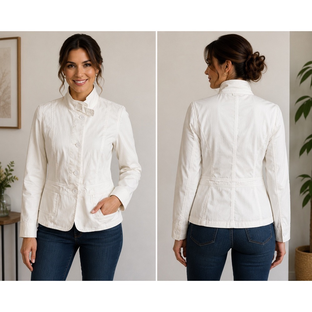 Talbots Womens White Cotton Stretch Mock Neck Button Front Utility Jacket Size 8